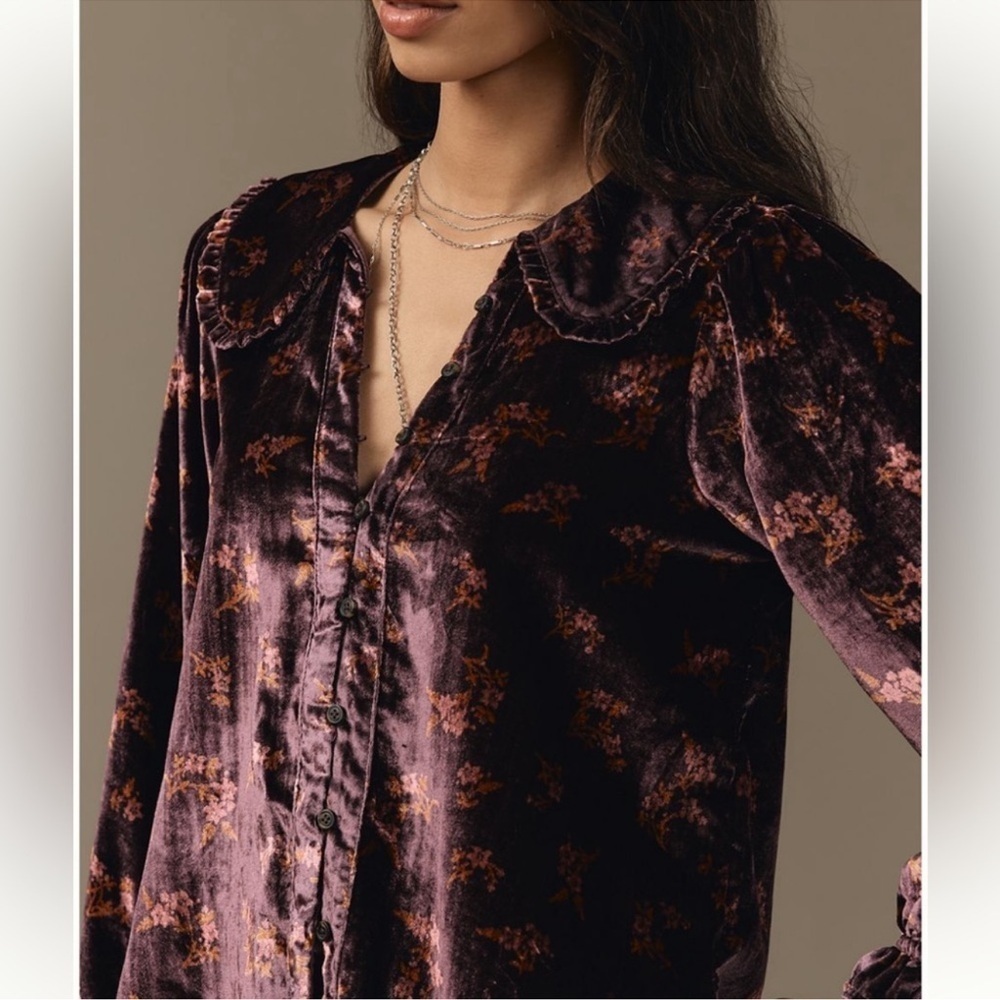 Anthropologie Purple Floral Velvet Pilcro Collared Button-Up Top Blouse - Picture 4 of 10